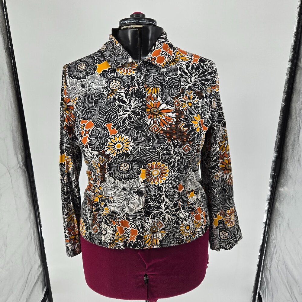 6125-6 Chico’s Woman Black Yellow Orange floral Jacket Blazer SIZE 2 12/14 Large
